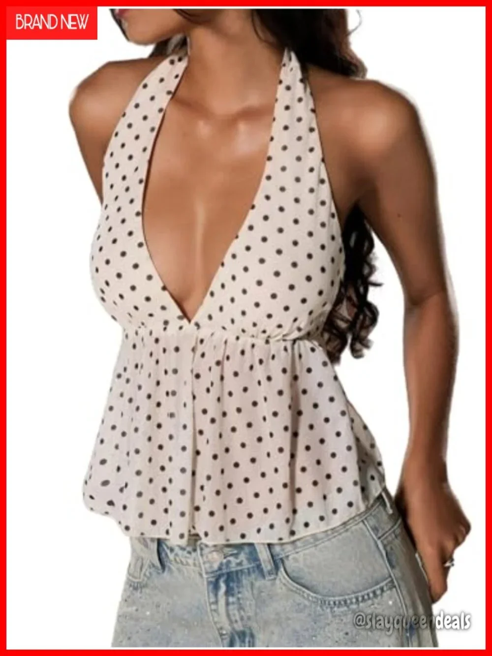 Polka Dots Tie Backless Halter Crop Tank Top Ruffle Hem Peplum